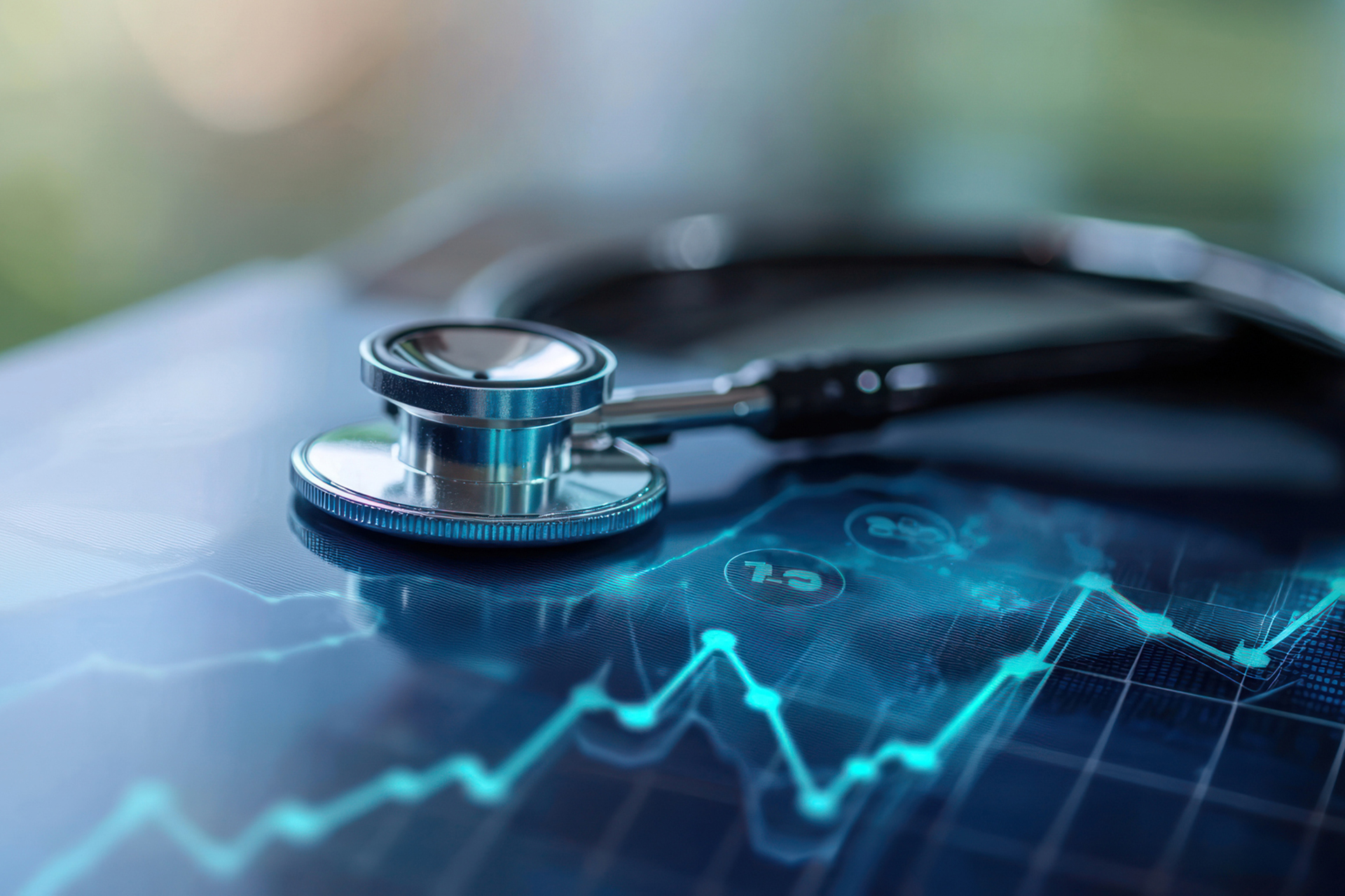 Stethoscope on digital graph showing rising healthcare costs and trends